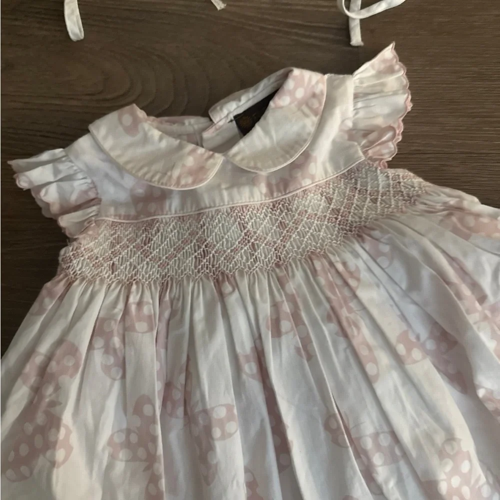 Fleurisse baby girl white pink butterfly print dress with smocking and sun hat